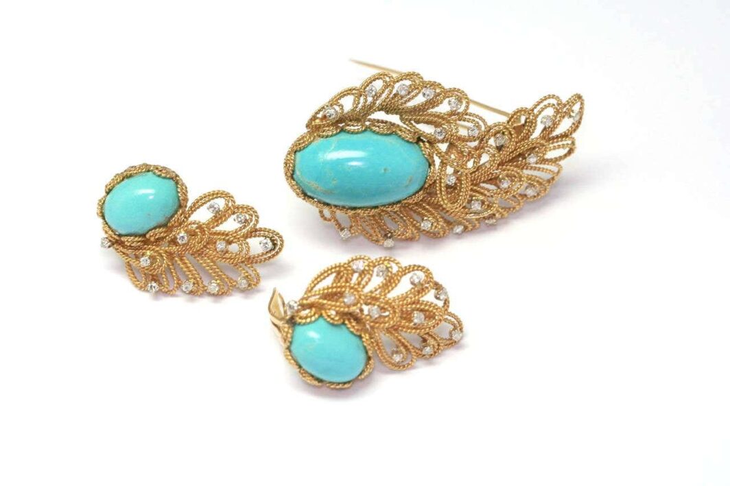 Boucheron Turquoise Diamond Gold Earrings and Brooch - Image 2