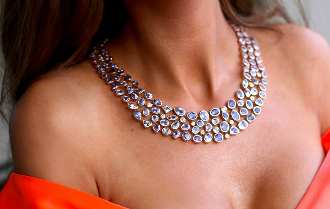Necklace Sapphires and Diamonds rose gold French designer handmade 1980 - Image 5