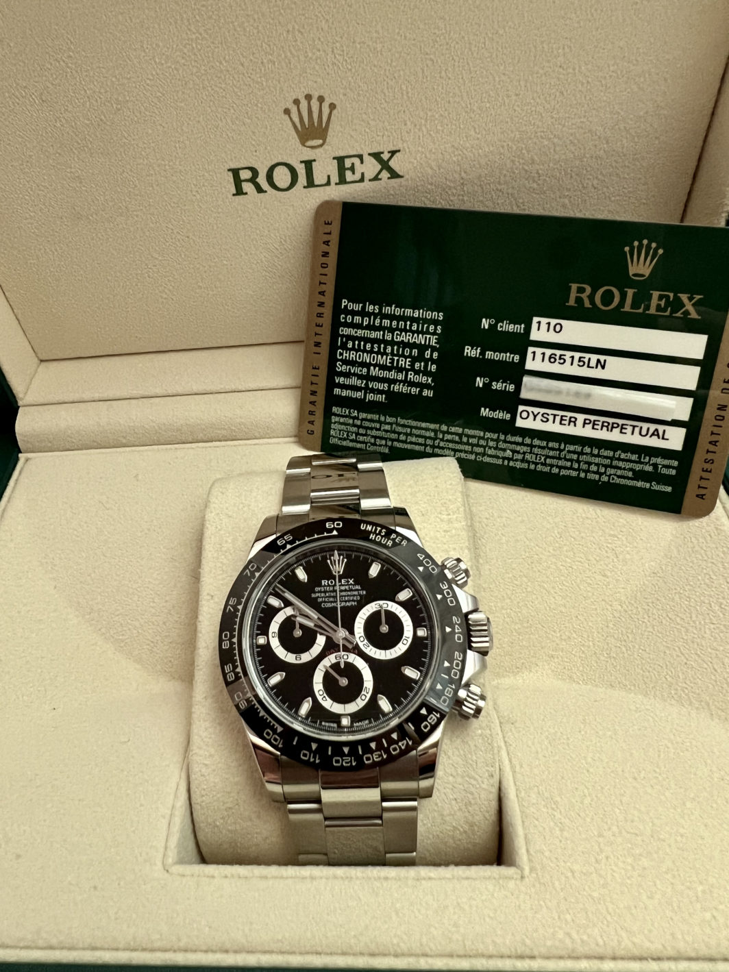 Rolex Daytona 116500, Full set. In steel, black dial, black ceramic